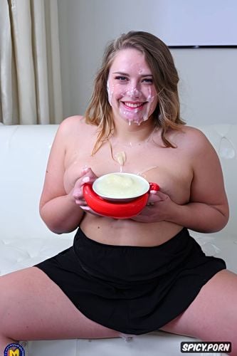 face completely cover in cum, dumb face, others empty bowls on the side