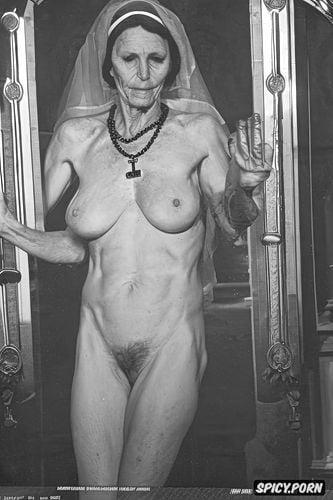 nun, cross necklace, extremely old grandmother, loose flat tits