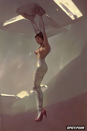 pyotr krivonogov oil painting, fat thighs, space age, low angle shot