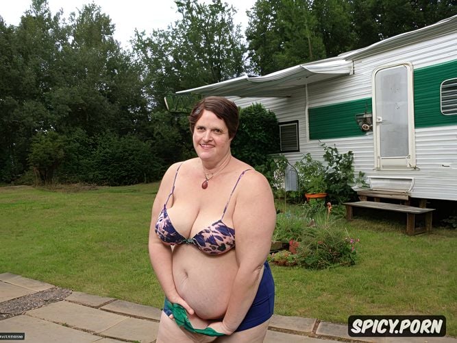 short shorts and tiny tank top, old mature ussbbw redneck, extremely obese ssbbw redneck mature unemployed housewife at her caravan