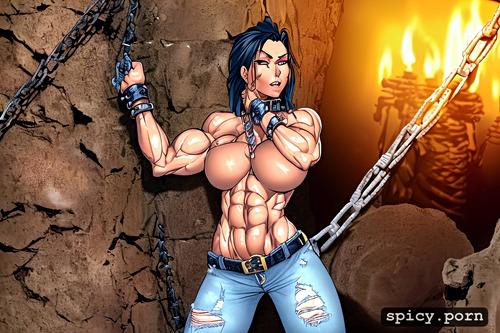 short unbuttoned jeans, holding pickaxe, only women, slave collar