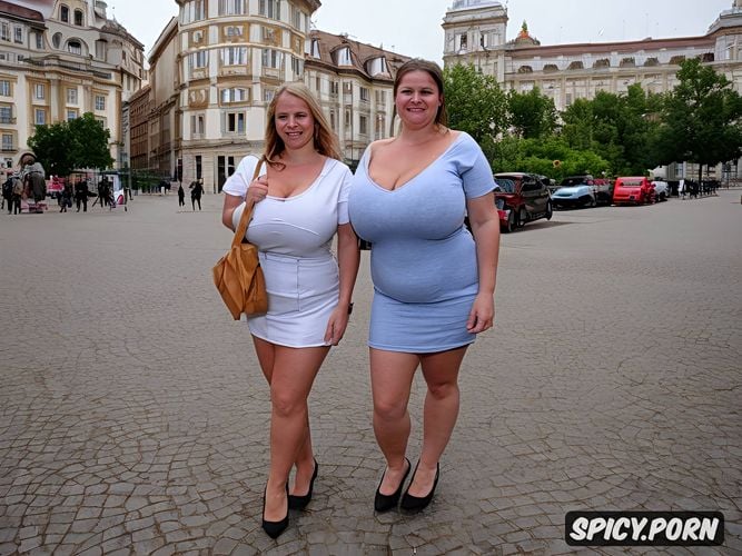 standing straight in east european big city streets, insanely large fat floppy tits