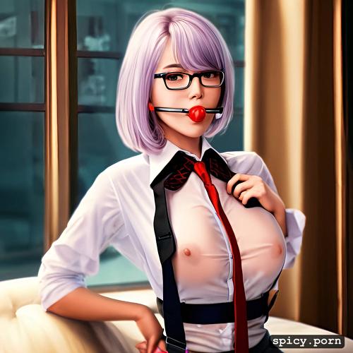 thick frame glasses, see through clothes, kneeling, formal, red necktie