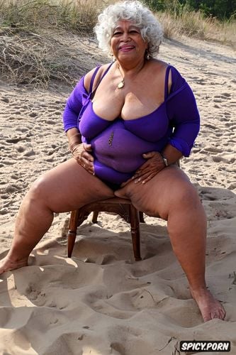 sagging fat belly, sitting on short chair, small breasts, full body shot