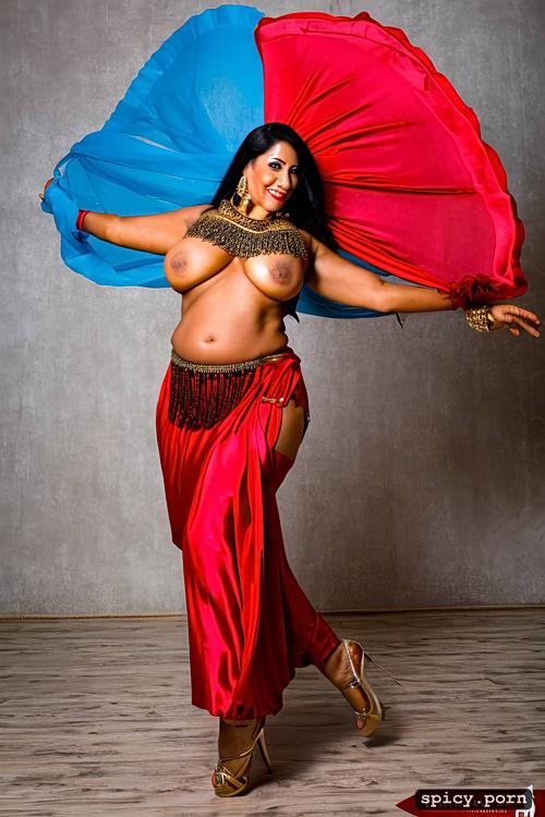 full body view, color portrait of a stunning smiling performing tunisian 65 yo anatomically correct curvy and extremely busty bellydancer