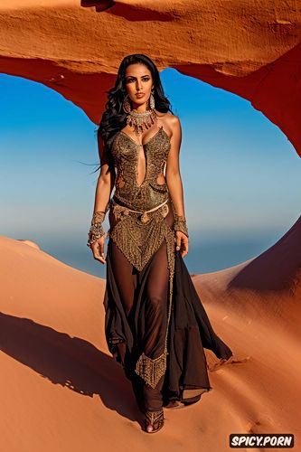 desert lynx, blue sky with bright star, long black hair, pagan arabian goddess al uzza in traditional arabian clothing walking through canyon in red desert