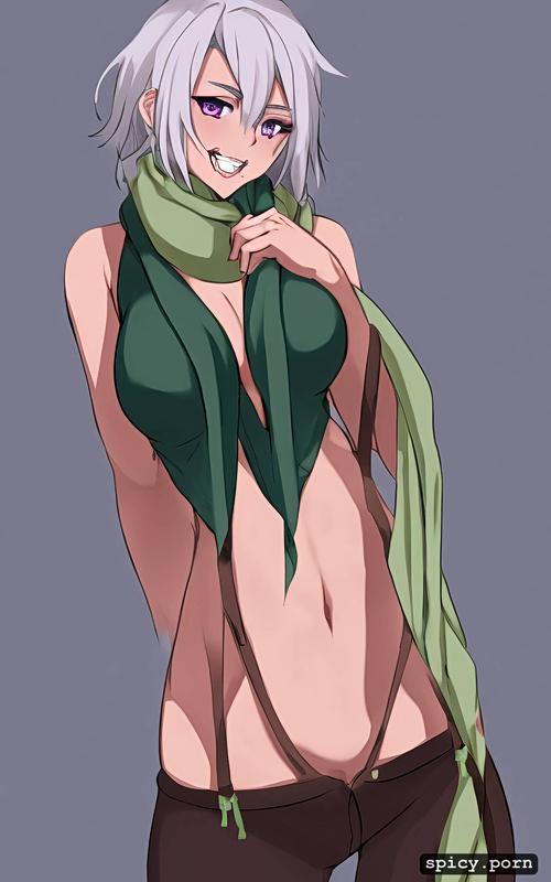 3dt, 18 yo, pretty naked female, light green scarf, style anime