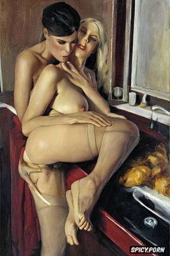 erotic art, kitchen sink, ominous atmosphere, high heeled sandals