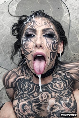 messy makeup crazy tattoos, messy facial cum covered face, tongue out