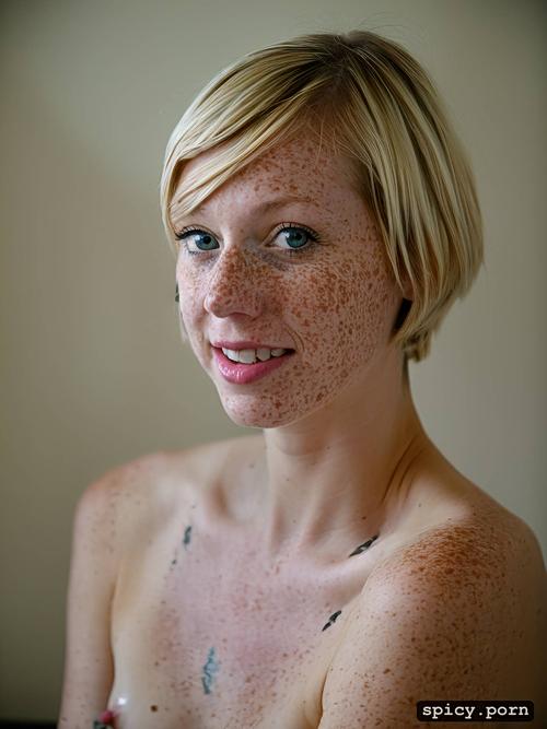 girl skinny ahegao face blond hair pixie cut freckles