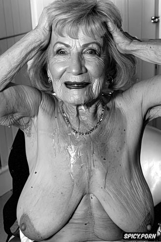 extremely old senior granny, drunk, look into camera, saggy empty hanging breasts