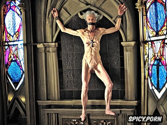 naked, spreading legs, cross necklace, pale, nun, stained glass windows