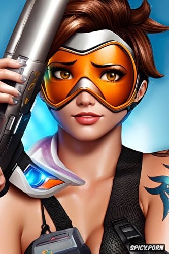 tattoos, tracer overwatch beautiful face full body shot, tits out