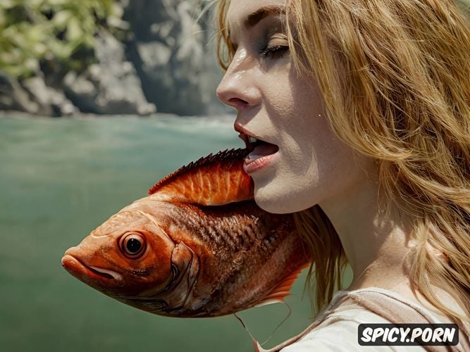 woman kissing fish salmon