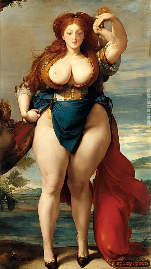 pale skin, long hair, big boobs, big voluptuous woman with red hair and big muscular legs