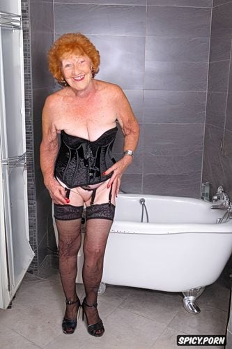 short sexy fair skinned granny seventy nine senior granny standing and revealing in open robe showing tits exhibitionist granny she is petite small saggy tits ginger hair american granny in bathroom undressing indoors smiling at viewer strappy heels corset fishnet stockings