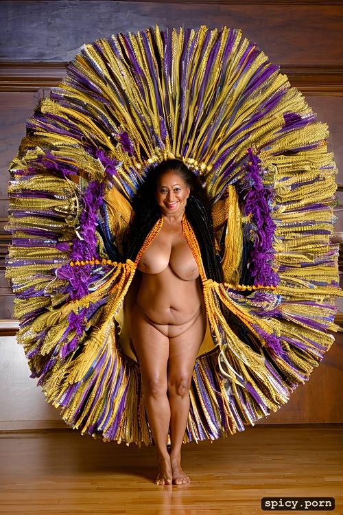 color photo, 67 yo beautiful tahitian dancer, performing, extremely busty