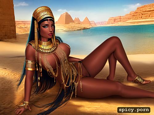 beautiful ancient egyptian woman with huge breasts, busty, reclining