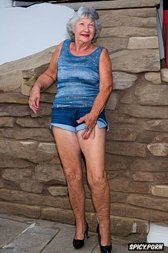old beautiful detailed very wrinkled face granny detailed tight jeans short shorts cameltoe detailed pussy lips see through front view