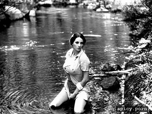 hidden camera photo, small cute boobs, shy soviet army woman bathing in a river