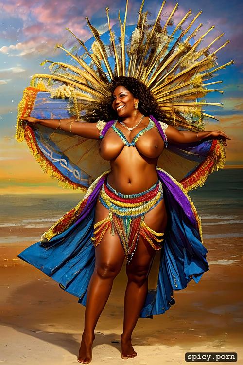color photo, 59 yo beautiful tahitian dancer, performing, extremely busty
