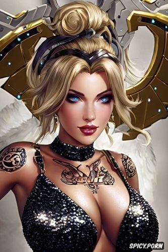 tattoos masterpiece, ultra detailed, mercy overwatch beautiful face young sexy low cut black sequin dress