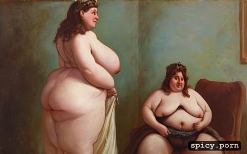morbid obese antique portrait, fat, eating, big boobs, brown hair