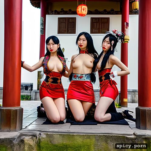 wooden pillars, headdress, chinese palace, naked, group of sexy chinese women