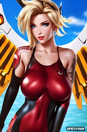 mercy overwatch beautiful face young full body shot, tattoos small perky tits tight body fitting dark red wetsuit masterpiece