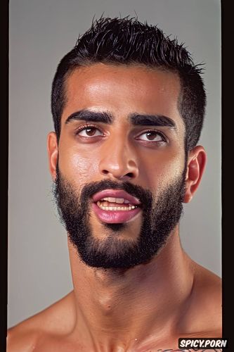 close up face, shirtless, model face, arab gay man, masculine jaw