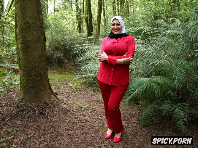 cloth pants red, bbw, jungle, hijab color is yellow, pussy, age45