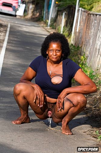 sticking tongue out, barefooted, 60 years old, squatting spreading pussy 1 4