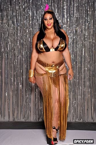 gigantic hanging boobs, gold and silver jewelry, very wide hips