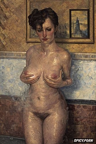 chubby belly, fingering, cézanne oil painting, smoke, gottfried hellnwein oil painting