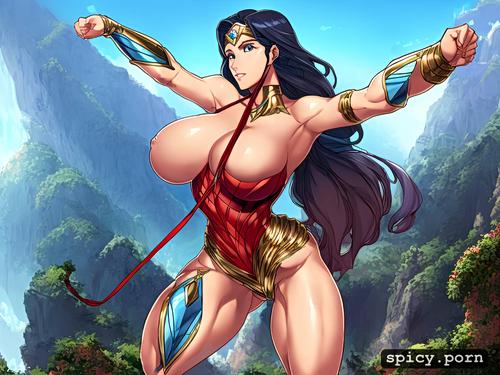 busty, glistening skin, wonder woman, thick thighs, torn clothes