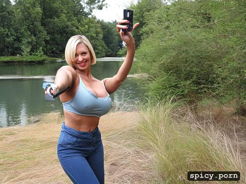 50 years, exotic female, muscular body, cute face, lake, selfie