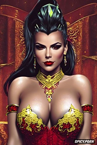 masterpiece, sombra overwatch beautiful face tight low cut red lace corset tight low cut crimson lace gown gold and ruby tiara gold and ruby earrings and necklace throne tattoos milf