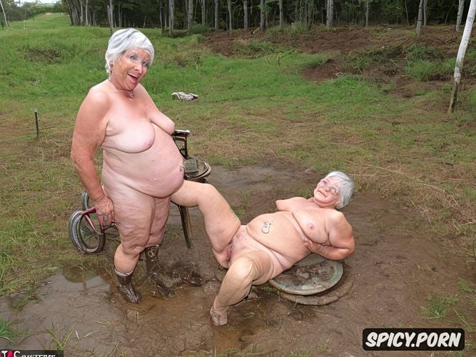 smiling, old, sitting in mud, pussy pissing, very old, open shaved pussy