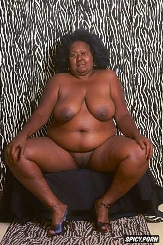 african elderly granny, gray haired, high heels, plumper obese