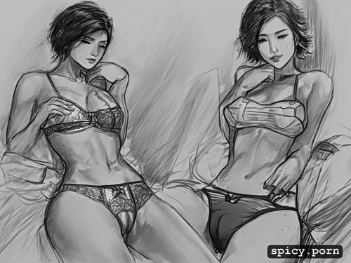 see through bra, very shy, thai chinese woman, sketch, athletic body