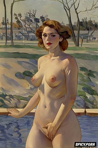 wide hips, post impressionist, intimate tender, portrait of blushing woman with red lips and flushed cheeks in library