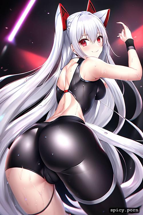 white hair colour, smiling, azur lane, long hair, looking over her back