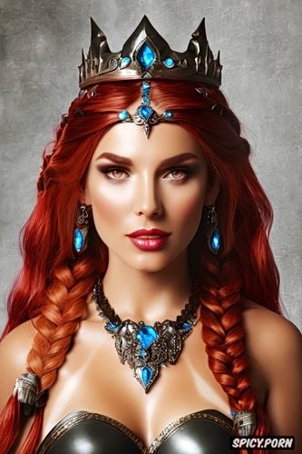 ultra detailed, ultra realistic, fantasy barbarian queen beautiful face tan skin long soft dark red hair in a braid diadem full body shot