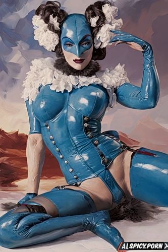 blue skin woman with big fur cape, fat legs, egon schiele, latex