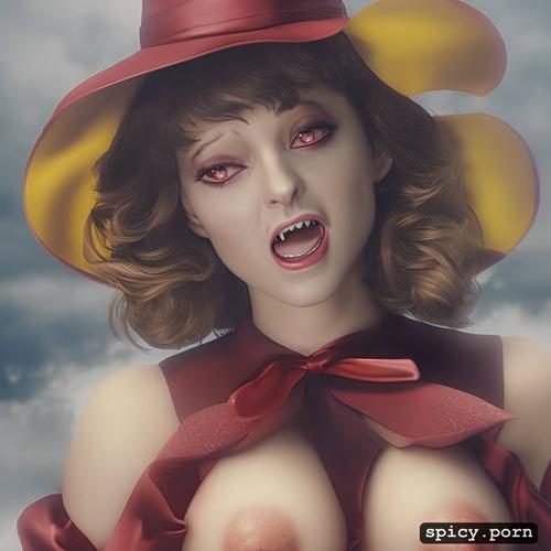 vampire fangs, mouth open, dark sky, masterpiece, visible nipples