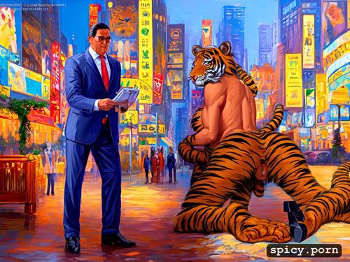 40 yo, business suit, giant breasts, tiger tail, tiger woman