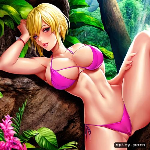 bikini, highres, highly detailed, blonde hair, masterpiece, tiny boobs