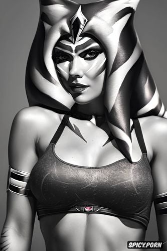 ultra detailed, ahsoka star wars tight low cut black robes tattoos beautiful face portrait muscles