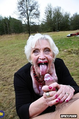 and old zombie aunt, old zombie grannie, dripping cum on tits