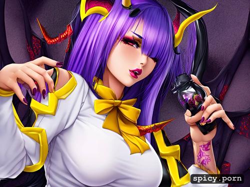 selfie, black demonic tail, sharp focus, purple hair, cheerleader